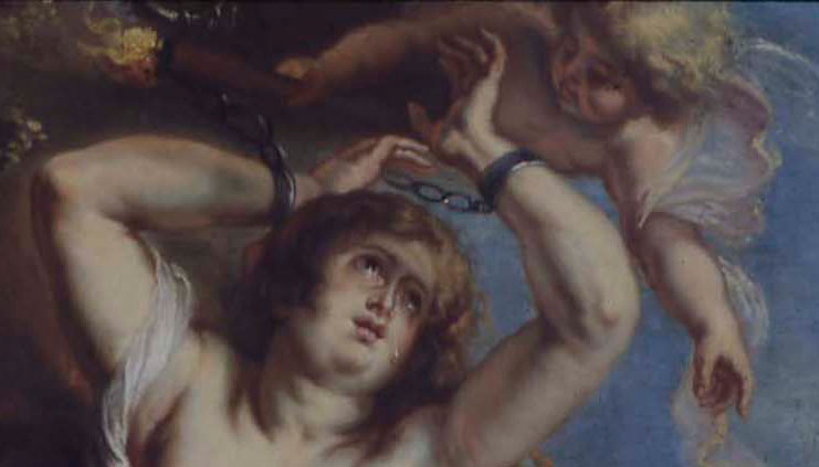 Cleaning a copy of Rubens Andromeda and Perseus. Sky executed in lapis lazuli.