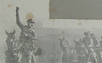 This lithograph taken from drawings by Snaffle (renowned for his sporting prints) is a composite of two separate prints on different papers.