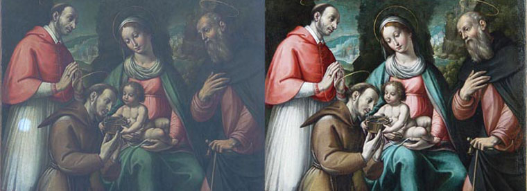 Before and after details of an oilpainting copied from Masaccio.