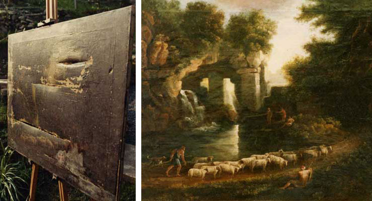 A severly damaged painting shown in raking light