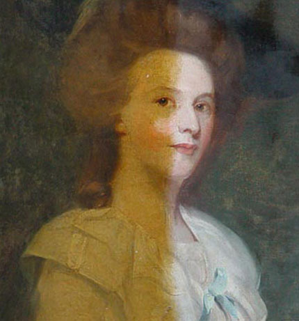 A portrait of a young woman, oil on canvas, artist unknown but thought to be after Joshua Reynolds. The half-cleaned painting demonstrates well the extent of accumulated surface dirt and discolouration of varnish layers, probably over a 200 year period.